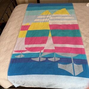 Vintage La Plage Beach Towel Cotton Sailboats Nautical Brazil Buddemeyer 68x35